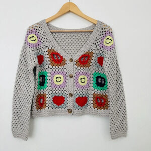 Like new! Handmade Crochet Semi Cropped Boxy Cardigan Sweater
